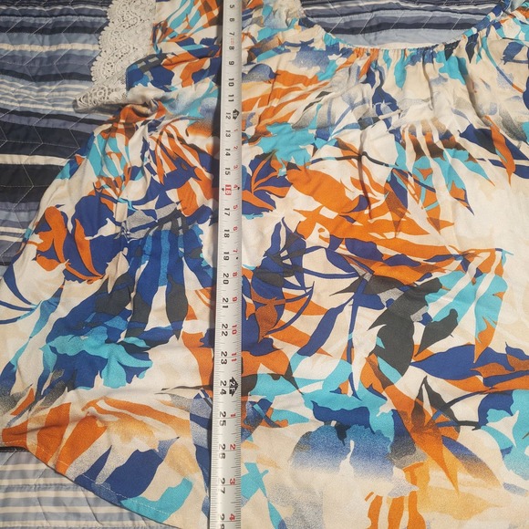 NEW 89th & Madison Lace Sleeve Blue Orange Floral Tie Back Elastic Neck Top - Picture 10 of 10